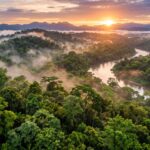 Una spettacolare veduta aerea di una foresta pluviale tropicale all’alba, con la nebbia che si alza tra le chiome degli alberi.