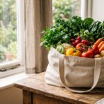 Borsa di tela riutilizzabile con verdure fresche su un tavolo di legno