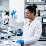 Scienziato in laboratorio che analizza campioni d’acqua per il monitoraggio dei PFAS.