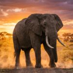 Maestoso elefante africano nella savana al tramonto