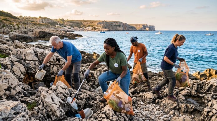 Volontari impegnati nella raccolta di rifiuti plastici lungo una costa rocciosa sarda. Volontari impegnati nella raccolta di rifiuti plastici lungo una costa rocciosa sarda.