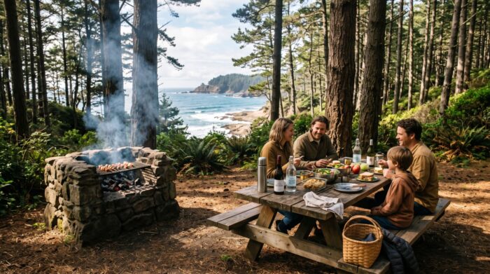 Area picnic in una pineta con tavolo in legno e contenitori riutilizzabili.