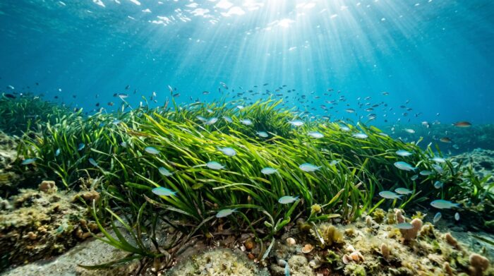 Prateria di Posidonia oceanica illuminata dai raggi del sole sotto la superficie del mare.