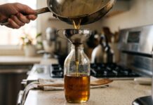 Where Do I Throw It? The Kitchen Dilemma of Used Cooking Oil and the Rules for Proper Disposal Bottiglia riempita con olio da cucina esausto filtrato tramite imbuto su ripiano domestico