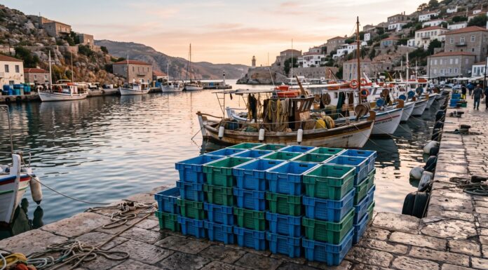 Phasing Out Polystyrene at Sea: European Commission Examines Reusable Crates in Sicilian Ports Pile di cassette riutilizzabili per il pescato sistemate sulla banchina di un porto mediterraneo accanto ai pescherecci.