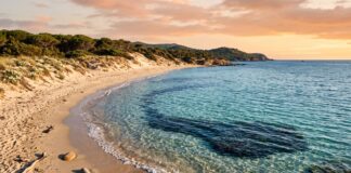 Splendida veduta aerea di una costa mediterranea con dune naturali e acque turchesi incontaminate.