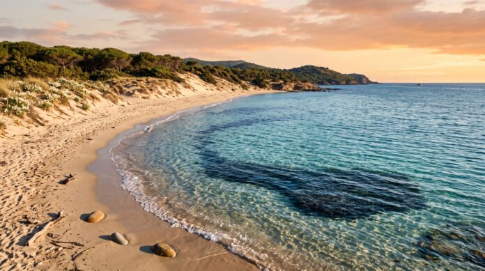 Splendida veduta aerea di una costa mediterranea con dune naturali e acque turchesi incontaminate. Splendida veduta aerea di una costa mediterranea con dune naturali e acque turchesi incontaminate.