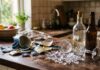 Where Do I Throw It? The Great Glass Myth and the Hidden Trap of Broken Ceramics, Pyrex, and Mirrors Frammenti di ceramica e bicchiere rotto su un piano cucina accanto a bottiglie di vetro per illustrare la raccolta differenziata