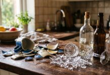 Where Do I Throw It? The Great Glass Myth and the Hidden Trap of Broken Ceramics, Pyrex, and Mirrors Frammenti di ceramica e bicchiere rotto su un piano cucina accanto a bottiglie di vetro per illustrare la raccolta differenziata