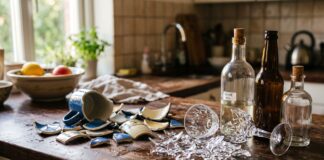 Frammenti di ceramica e bicchiere rotto su un piano cucina accanto a bottiglie di vetro per illustrare la raccolta differenziata