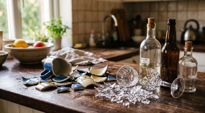 Frammenti di ceramica e bicchiere rotto su un piano cucina accanto a bottiglie di vetro per illustrare la raccolta differenziata