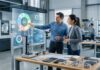 Professionisti che analizzano dati di sostenibilità e progettazione ecologica su schermi digitali in un contesto industriale moderno.