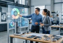 Professionisti che analizzano dati di sostenibilità e progettazione ecologica su schermi digitali in un contesto industriale moderno.
