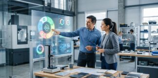Professionisti che analizzano dati di sostenibilità e progettazione ecologica su schermi digitali in un contesto industriale moderno.