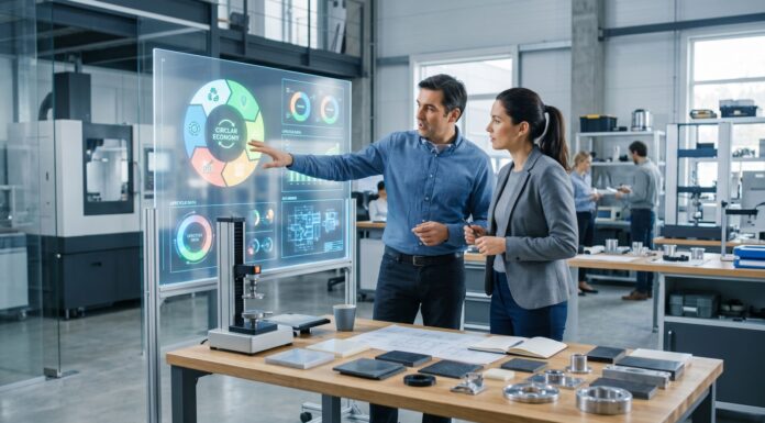Professionisti che analizzano dati di sostenibilit&agrave; e progettazione ecologica su schermi digitali in un contesto industriale moderno.