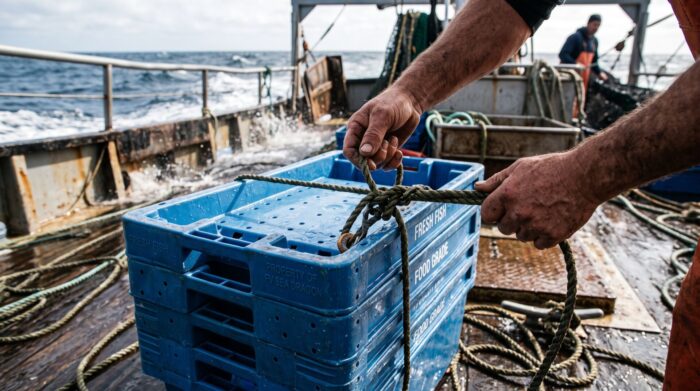 Dettaglio di cassette rigide e riutilizzabili per il pesce a bordo di un peschereccio durante le operazioni di stivaggio.