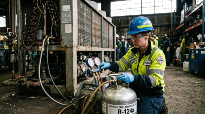 Tecnico specializzato impegnato nel recupero e riciclo sicuro di gas refrigeranti in un impianto industriale
