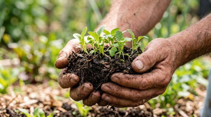 Mani di agricoltore che stringono terreno fertile con giovani germogli biologici