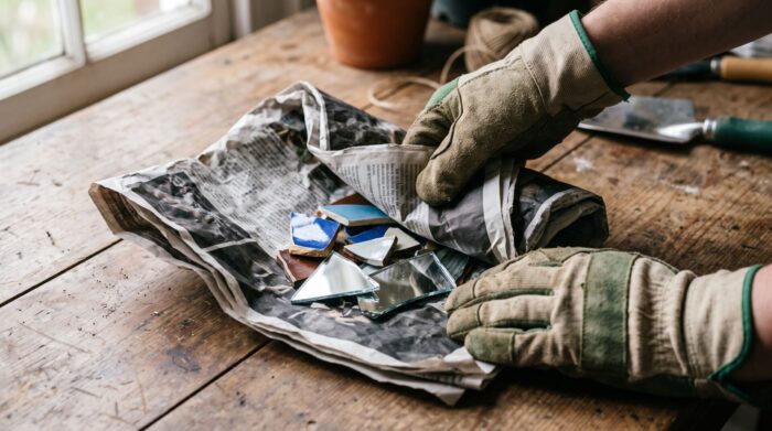Mani con guanti che avvolgono frammenti taglienti di ceramica e specchio in carta di giornale prima dello smaltimento