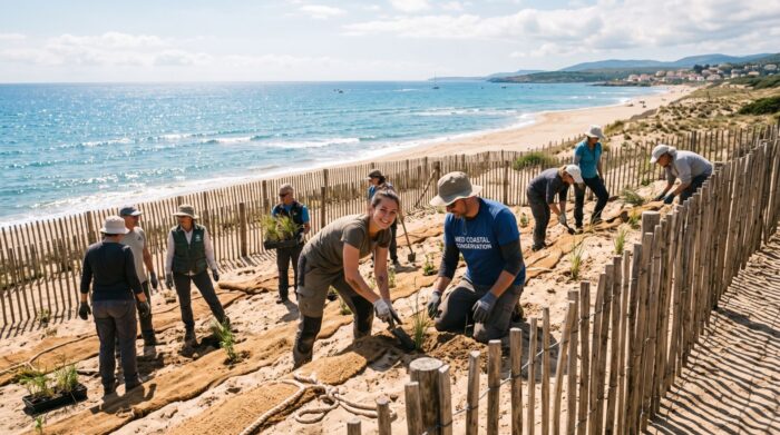 Volontari impegnati nel ripristino delle dune costiere mediterranee con vegetazione autoctona protettiva.