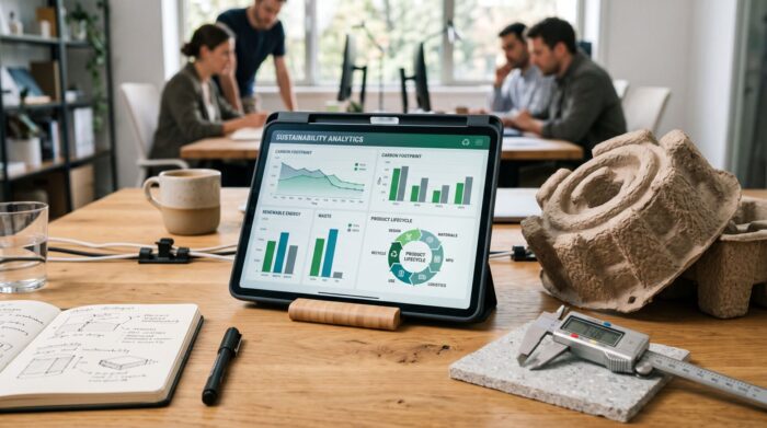 Tablet da lavoro con metriche di carbon footprint e campioni di materiali sostenibili su una scrivania di design.