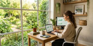 Postazione di lavoro agile in casa illuminata dalla luce naturale con vista sul verde di un giardino