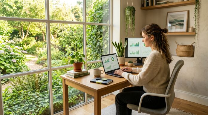 Remote Work Slashes Commuting Emissions by 75 Percent, Landmark ENEA and Bank of Italy Study Reveals Postazione di lavoro agile in casa illuminata dalla luce naturale con vista sul verde di un giardino