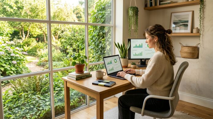 Postazione di lavoro agile in casa illuminata dalla luce naturale con vista sul verde di un giardino