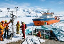 Mapping the Cryosphere: Italy Unites Science and Diplomacy for a Landmark Polar White Paper Nave da ricerca scientifica polare tra i ghiacci con ricercatori impegnati in attività di campionamento