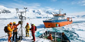 Nave da ricerca scientifica polare tra i ghiacci con ricercatori impegnati in attività di campionamento