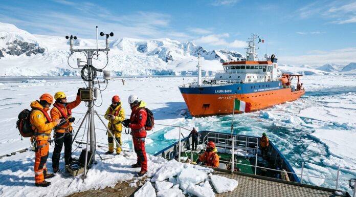 Mapping the Cryosphere: Italy Unites Science and Diplomacy for a Landmark Polar White Paper Nave da ricerca scientifica polare tra i ghiacci con ricercatori impegnati in attività di campionamento