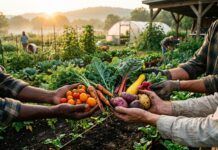 Contadini che raccolgono ortaggi biologici freschi su una terra sana e fertile