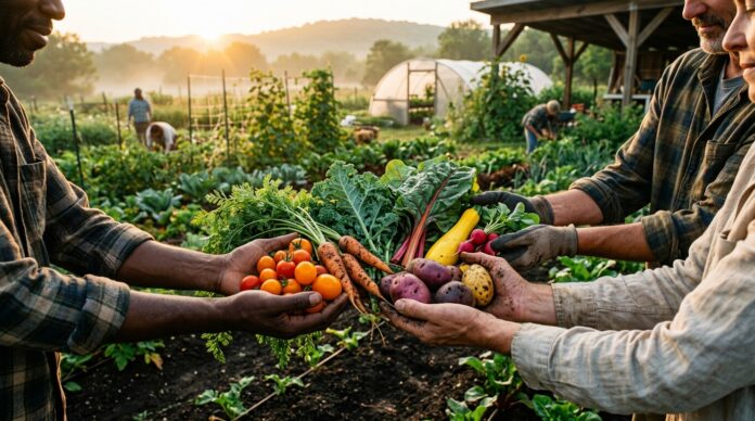 Contadini che raccolgono ortaggi biologici freschi su una terra sana e fertile