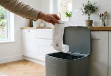 Mano che tiene uno scontrino fiscale cartaceo sopra il cestino dei rifiuti in cucina