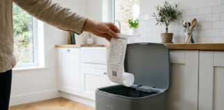 Mano che tiene uno scontrino fiscale cartaceo sopra il cestino dei rifiuti in cucina