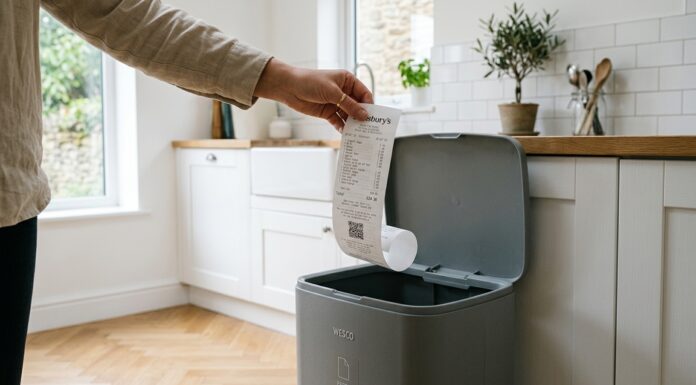 Where Do I Throw It? Untangling the Coffee Capsule Dilemma and the Secrets of Proper Disposal Mano che tiene uno scontrino fiscale cartaceo sopra il cestino dei rifiuti in cucina