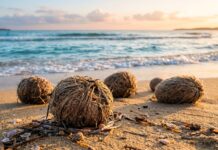 Egagropili di Posidonia oceanica adagiate sulla sabbia bagnata di una spiaggia mediterranea al mattino