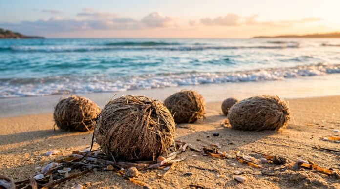Egagropili di Posidonia oceanica adagiate sulla sabbia bagnata di una spiaggia mediterranea al mattino