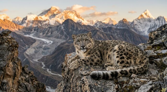 Guardians of the High Altitude: The Urgent Call of International Snow Leopard Day Leopardo delle nevi accovacciato su una scogliera rocciosa delle montagne dell'Himalaya con vette innevate sullo sfondo