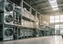 Impianto di Direct Air Capture per la cattura dell'anidride carbonica integrato in un contesto industriale moderno.