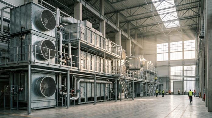 Impianto di Direct Air Capture per la cattura dell'anidride carbonica integrato in un contesto industriale moderno. Impianto di Direct Air Capture per la cattura dell'anidride carbonica integrato in un contesto industriale moderno.