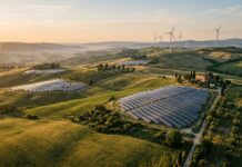 Campi coltivati e impianti di energia solare ed eolica integrati nel paesaggio collinare italiano illuminati dalla luce calda dell'alba.
