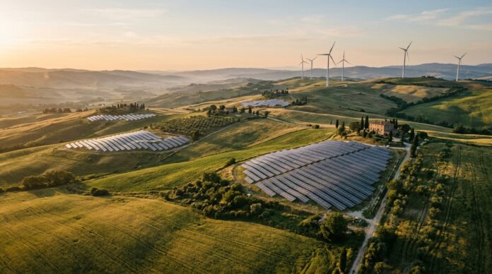 Campi coltivati e impianti di energia solare ed eolica integrati nel paesaggio collinare italiano illuminati dalla luce calda dell'alba. Campi coltivati e impianti di energia solare ed eolica integrati nel paesaggio collinare italiano illuminati dalla luce calda dell'alba.