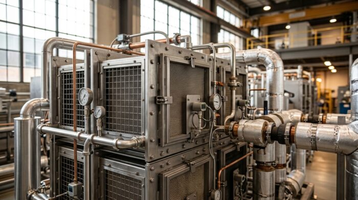 Dettaglio modulare dei filtri per la cattura diretta della CO2 atmosferica con tubature industriali di recupero termico.